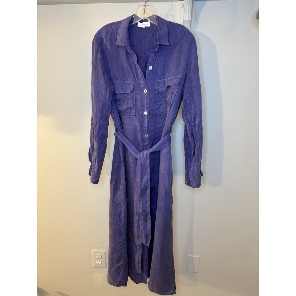 BELLA DAHL Purple Lyocell Long Sleeve Button Front Shirt Dress L Midi Classic‎